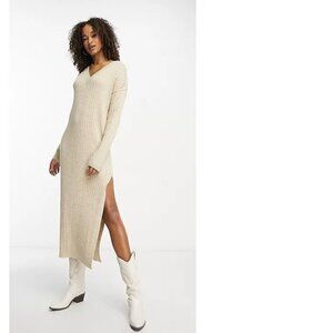 ASOS DESIGN Women’s Tall Oatmeal Knitted VNeck Sweater Dress Size 12 Tall (US 8)